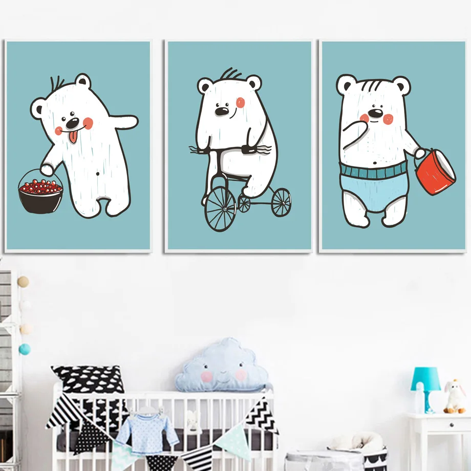 

Cartoon Bear Animals Painting On Canvas Nordic Simple Baby Child Posters Wall Art Pictures for Kids Room Home Decoration