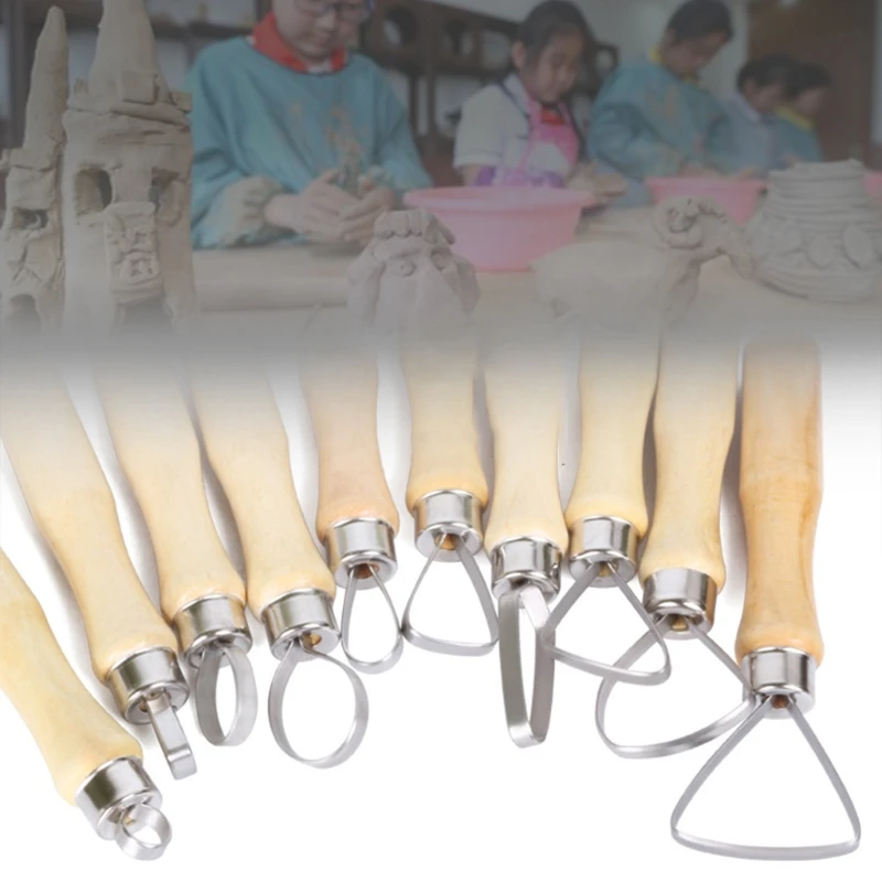 

10Pcs DIY Pottery Clay Sculpting Tools Ceramic Carving Set Sculpture Polymer Shapers Wooden Handle Big Loop Supplies