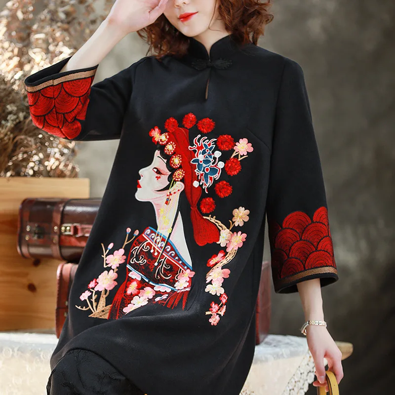 Осенне-зимние шерстяные топы cheongsam с вышивкой в стиле знаменитостей, со стоячим воротником, Свободный пуловер