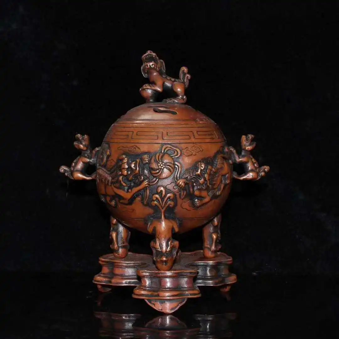 

Collection of Chinese old copper double lion hydrangea incense burner ornaments