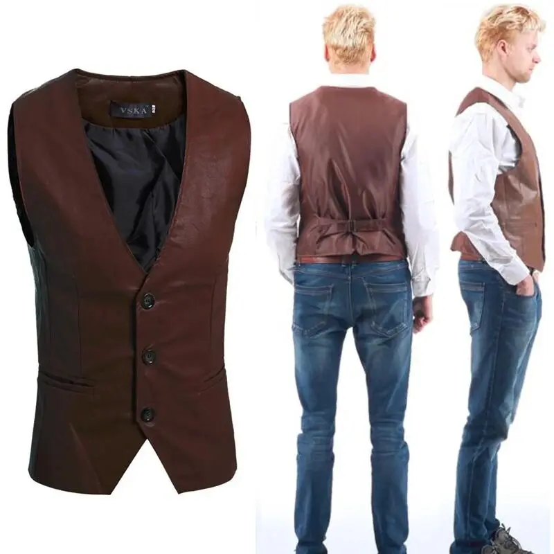 

2021 new Men's Slim Vest Sleeveless Jacket Casual PU Leather Vests Button Open V-neck Geek Simple Joker Slim Fit Vest Men