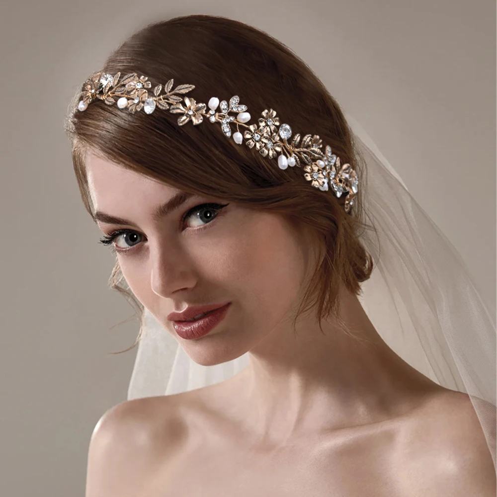 

HP355 Alloy Leaf Wedding Hair Ribbon Headbands for Wedding Gold Hair Vine Jeweled Headpieces Bridesmaid Gift Bridal Headwear