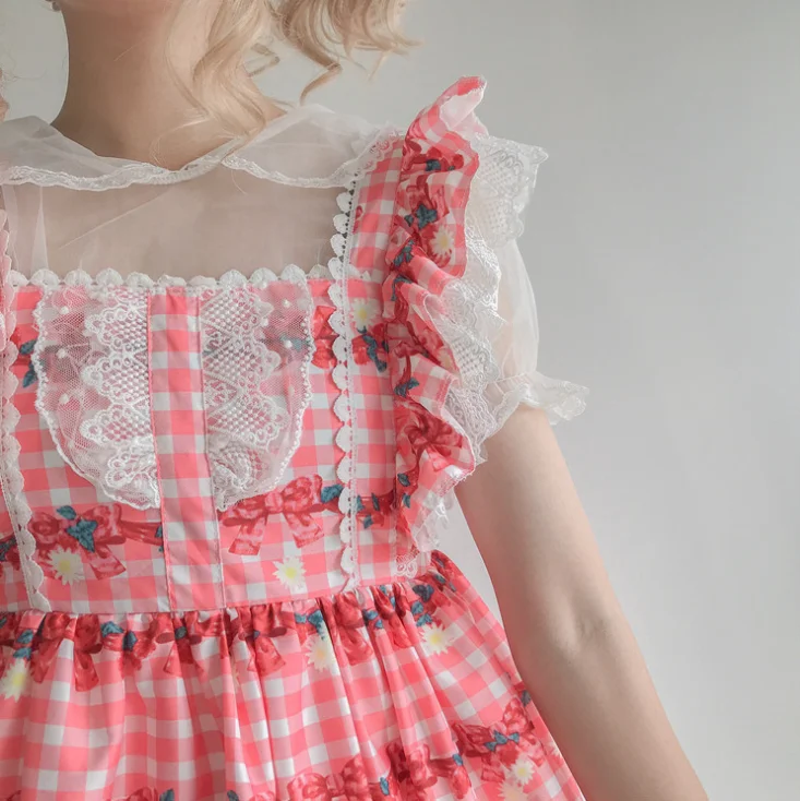 

NONSAR Sweet Lolita Dress Lace Sides Little Snowman Plaid Girl Lolita JSK Strap Short Sleeve Cute Kawaii Dress