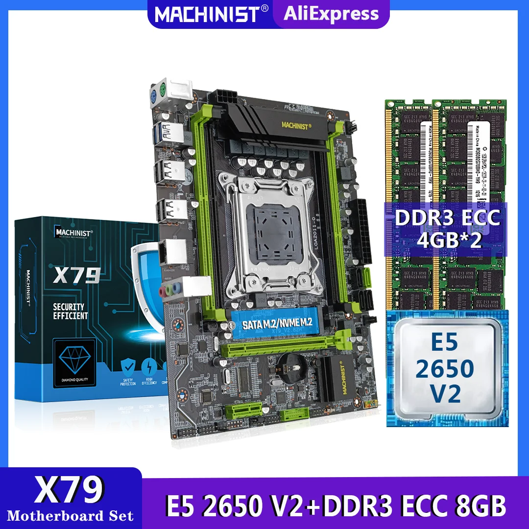 MACHINIST X79 Kit Motherboard LGA 2011 Set With Xeon E5 2650 V2 Processor 8GB(4G*2) DDR3 ECC RAM Support Four Channels  X79 282H
