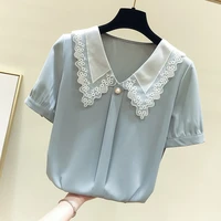 women spring summer style chiffon blouses shirts lady casual short sleeve peter pan collar chiffon blusas tops