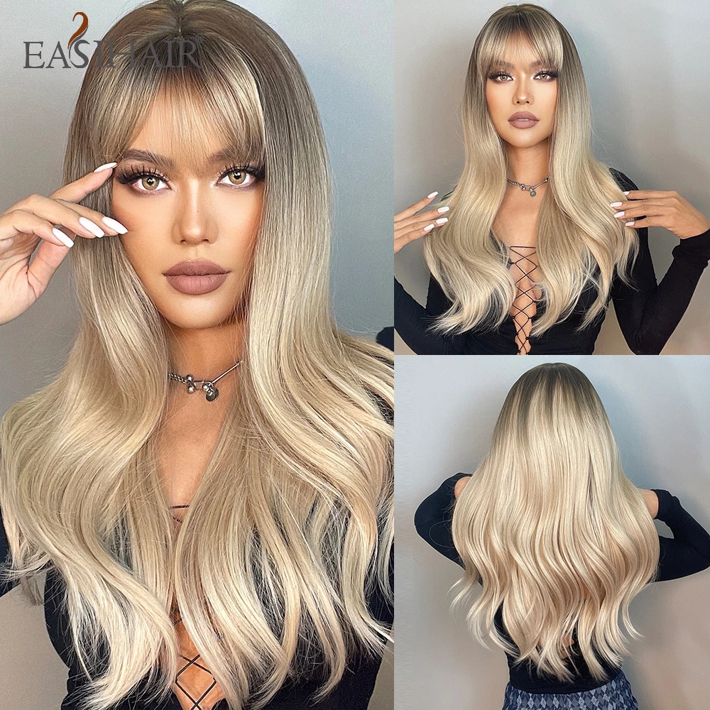 

EASIHAIR Ombre Brown Golden Blonde Wig with Bang Long Synthetic Wavy Wigs for Women Cosplay Lolita Daily Party Heat Resistant