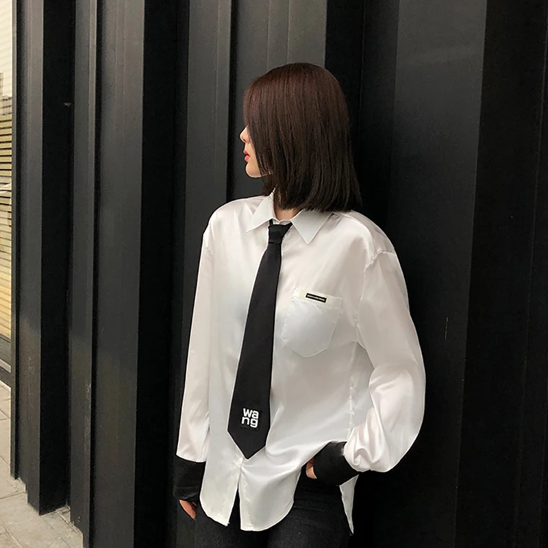 

Tie Blouses And Shirts Women Stylish White Elegant Streetwear Loose Blusas Femme Long Sleeve Single Breasted Cardigan Pocket Top