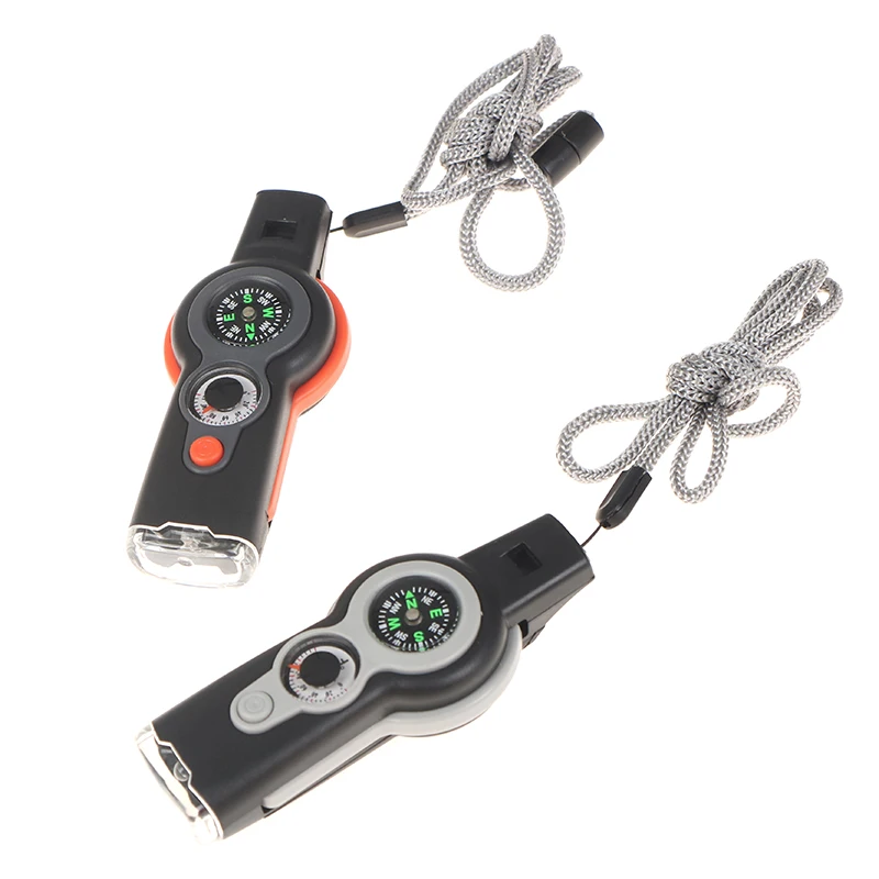

Hot Sale 7 In1 Outdoor Survival Whistle Keychain Multifunction Compass Magnifier LED Light Thermometer Travel Accessories