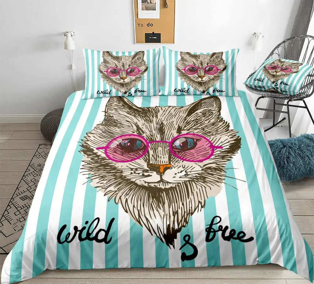Комплект постельного белья с животными для детей набор в полоску котом и