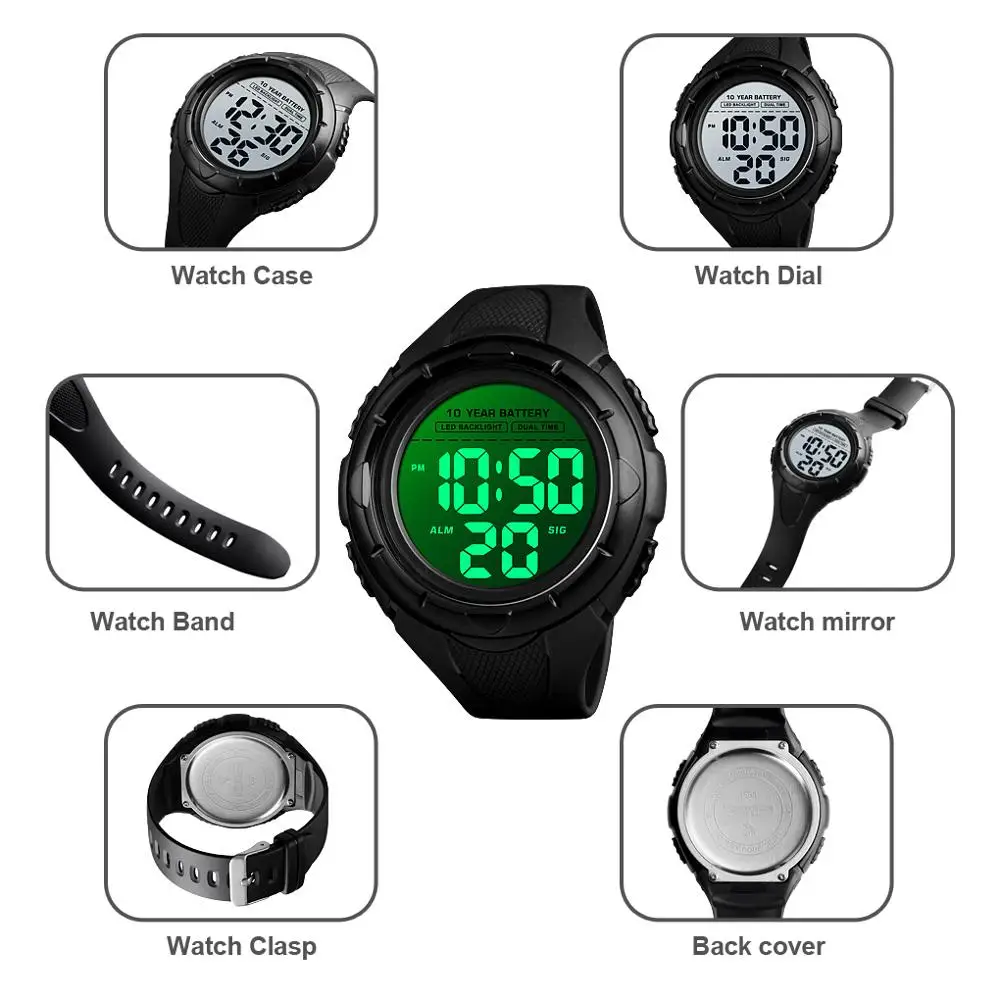 

SKMEI LED Digital Watch Men 2Time Sport Wristwatches Men Chrono Electronic Alarm Clock 10 Year Battery reloj hombre 1563 Watches