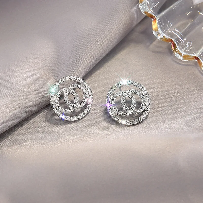 Women's Fashion Jewelry: LATS Cute Double Circle Flash Zircon Stud Earrings - Korean Style, Simple and Shiny image 4