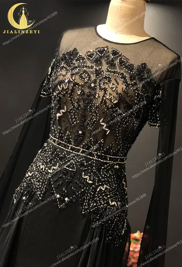 JIALINZEYI Zuhair Murad Long Sleeves Black Beads With Sliver Chiffon robe de soirée de mariage Fromal dress Evening Dresses