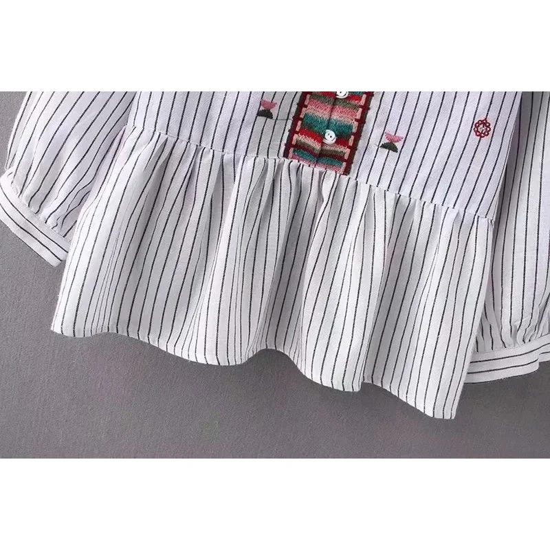 

2021 New Spring Women Blouse Striped embroidery Long Sleeves O-Neck Shirt Female Fashion Casual Women Clothes