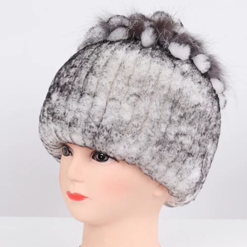 white and black 2 Новое поступление зимние женские Хорошие эластичные Настоящий мех кролика шапочки шапки женские толстые теплые натуральная меховая вязаная шапка из настоящего меха - Цвет: white and black 2
