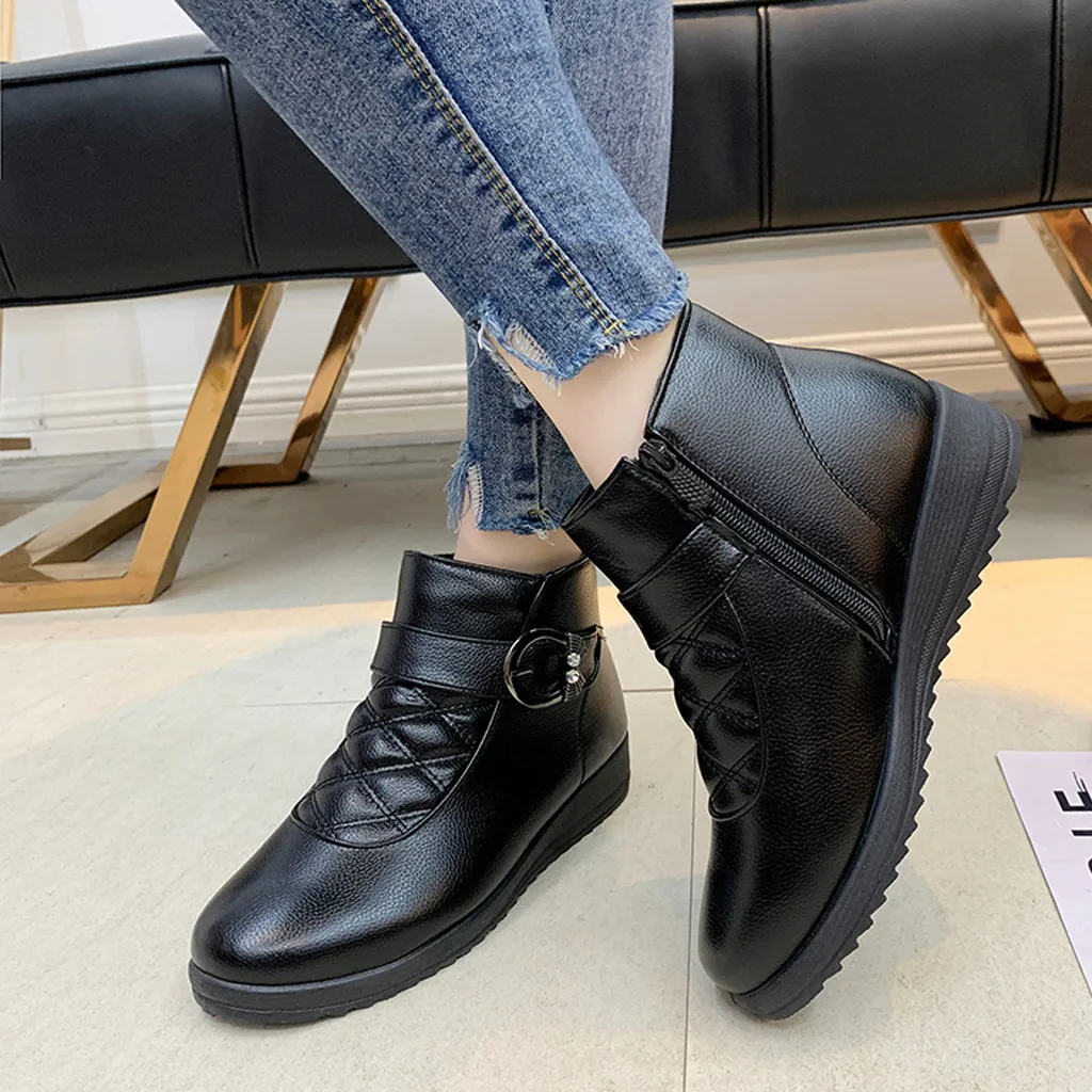 Кожаные Ботинки женская зимняя обувь на платформе Женские теплые Утепленные