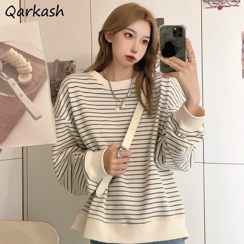 

Sweatshirts Women Chic Aesthetic Ins Autumn Classy Student Striped Casual New Collection Ulzzang Street BF Style Mujer Baggy Fit