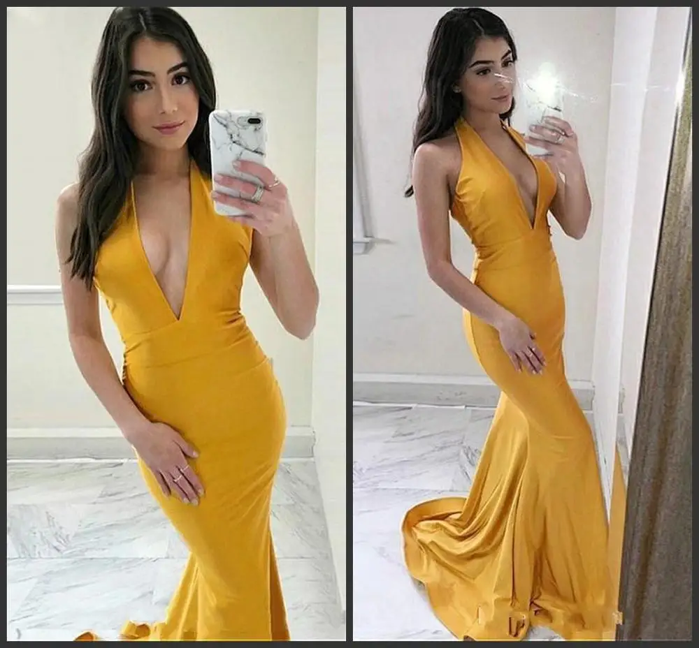 

Sexy Deep V-Neck Mermaid Prom Dresses Zipper Back Sweep Train Simple Long Formal Evening Party Dresses Cheap Vestidos De Novia