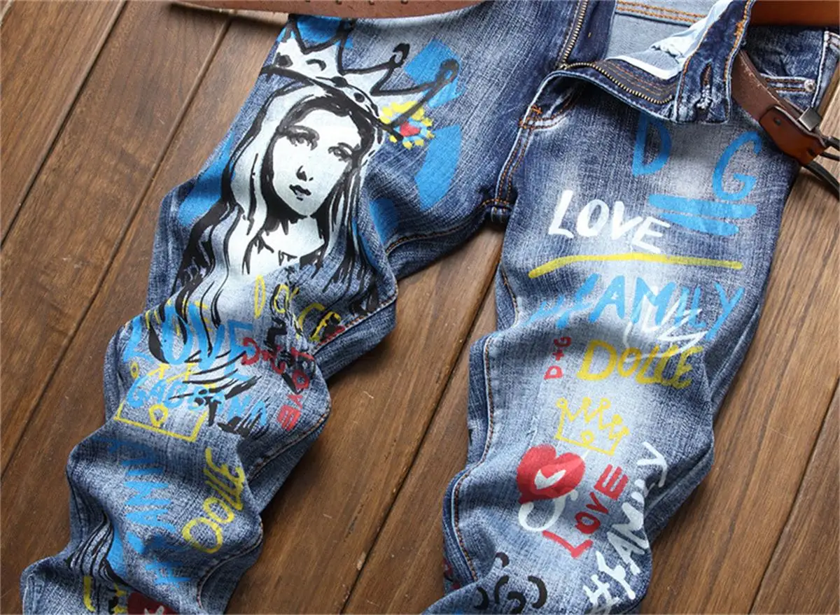 American style new letter washing printing cat whisker white men's slim micro-elastic jeans trendy men's trousers