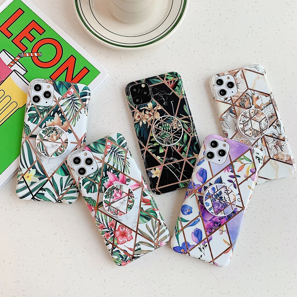 

Flowers Banana Leaf Phone Case For iPhone 11 Pro XS 12 Max XR 6 6S 7 8 Plus X 2020 Soft Phone Geometry Plating Stand Cover