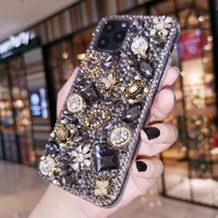 luxury diy black diamond crystal gem flower case cover for iphone 12 mini 11 pro xs max xr x 8 7 6 6s plus se fashion bling case