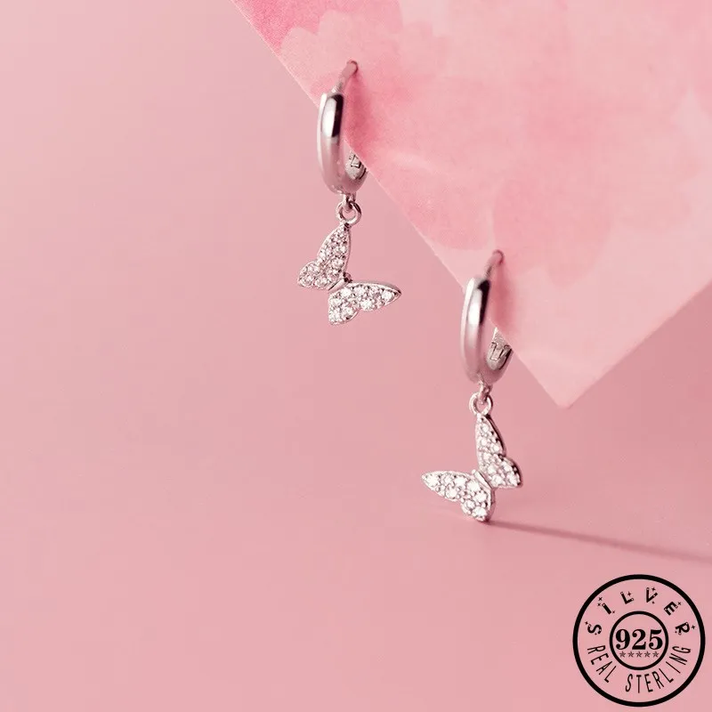 

100% Real 925 Sterling Silver Ear Rings Earings Cubic Zirconia Butterfly Pendant Hoops Piercing Earrings Jewelry Gifts for Women