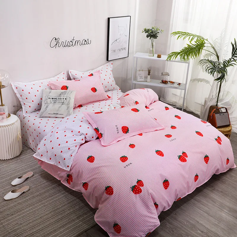 Strawberry Милое постельное белье персиковый принт домашний текстиль постельное белье класса люкс фрукты пододеяльник набор простыни постельное белье 3/4 шт. подарок для девочек queen king size - Цвет: Strawberry
