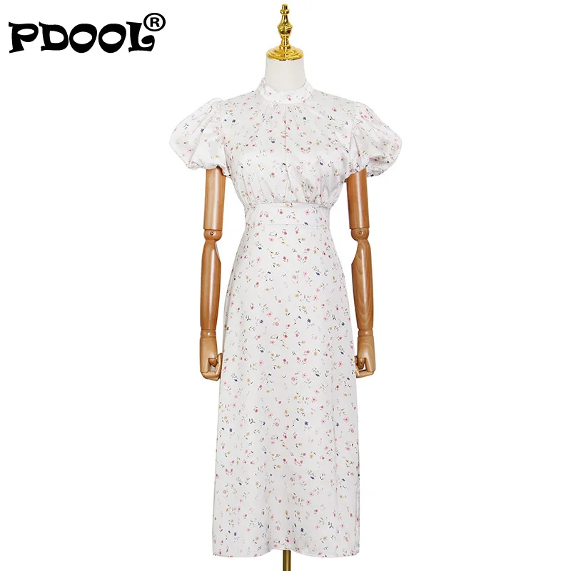 

Vintage Black Patchwork Dot Dress For Women Stand Collar Puff Short Sleeve Backless High Waist Lace Up Casual Dresses Female