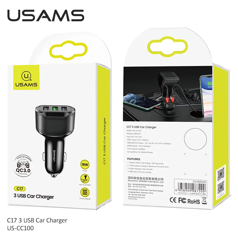 USAMS Max 6A Quick Charge 3.0 Car Phone Charger For iPhone 12 11 X Xiaomi 10 Huawei P40 P30 QC Fast Charging | Мобильные телефоны и