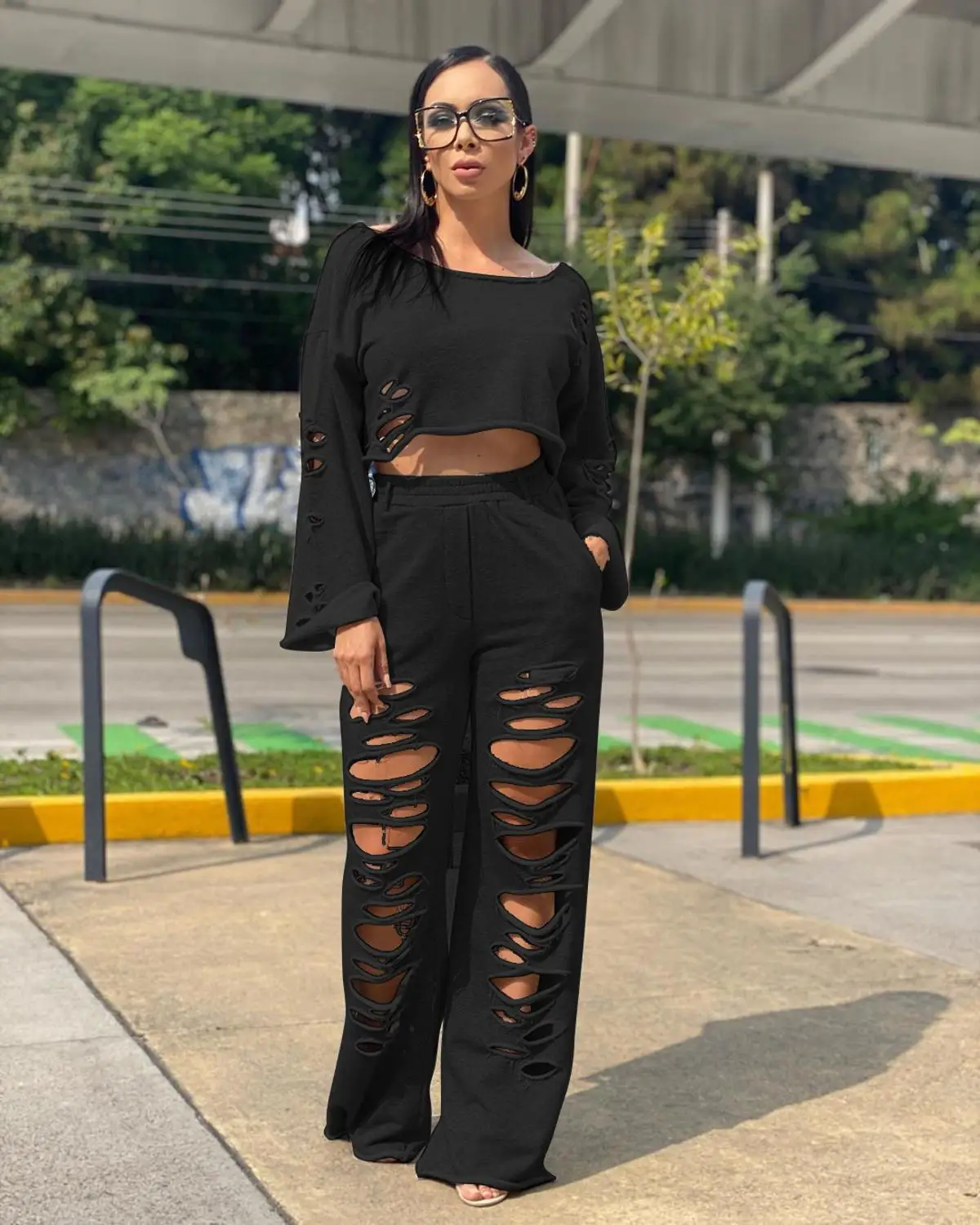 

Casual cotton solid color ripped flared pants sweatshirt set two-piece casual solid O-neck hole design two-piece pants suit elas