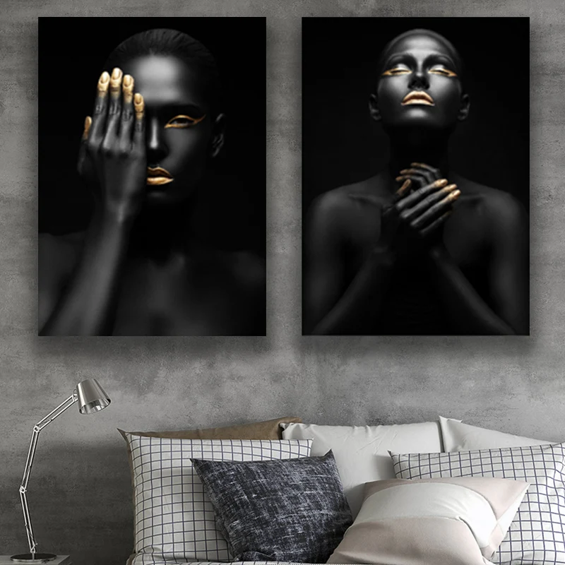 

African Art Black and Gold Woman Canvas Painting Wall Picture for Living Room Wall Art Nordic Black Copper Cuadros Poster