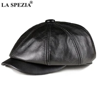 real leather caps for men black cowskin newsboy cap genuine leather octagonal hat autumn winter british style mens beret