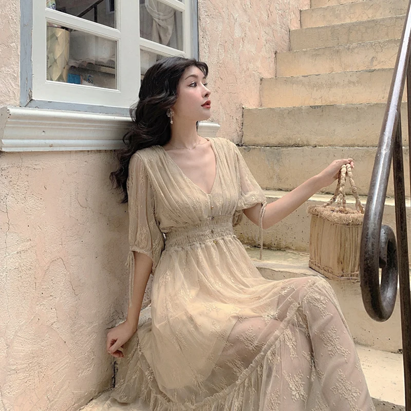 

Summer New Women Long Sleeve Lace Dresses Retro Sweet Elegant Lantern sleeve Solid color Half sleeve Dress Vestidos 2021