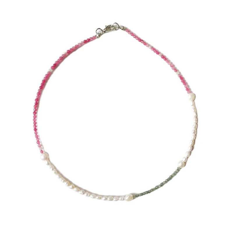 

Handmade Small Oval Freshwater Pearl Necklace Rose Red Stone Green Stone Stitching Ladies Exquisite Charm Jewelry Couple Gift