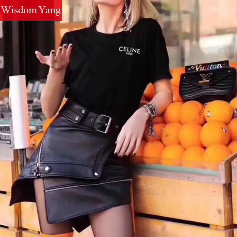 Осенняя юбка из натуральной овечьей кожи мотоциклетные Асимметричные мини-юбки