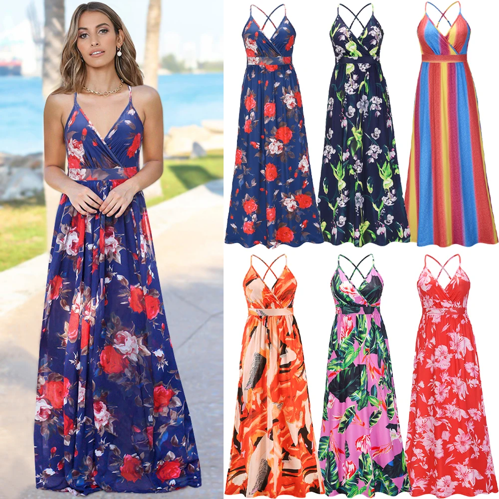 

2022 New Women Summer Long Dress Floral Sleeveless V-Neck Ankle-Length Casual Wear Night Part Dress Clothes Beachwear