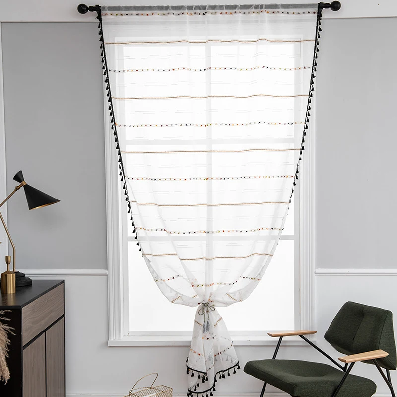 

White Translucent Curtains Stylish Tassel Wear Rod Curtains Home Textile Products Elegant American Style Tassel Curtains