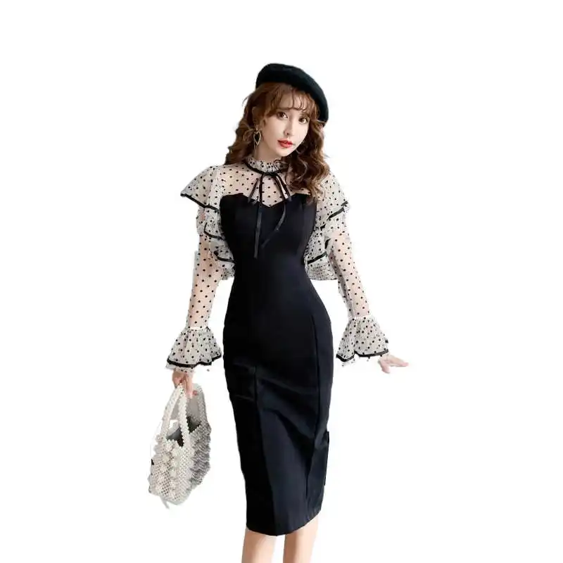 

COIGARSAM Sexy Polka Dot Women one-piece dress korean Flare Sleeve High Waist Strapless Mesh Dresses Black 6867