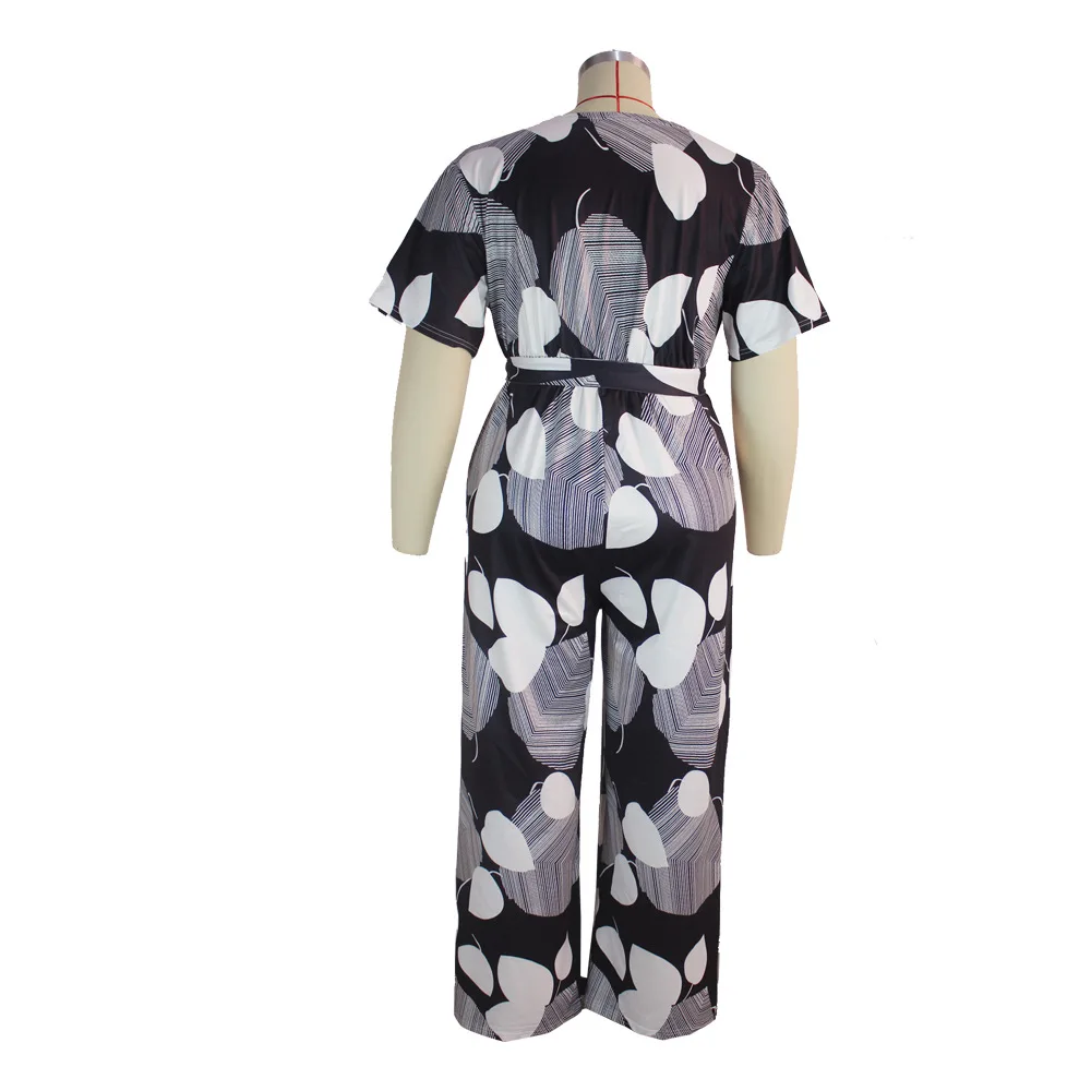 

Fashion Dot Printing Women Jumpsuits 2021 Summer Sexy Deep V-neck Short Sleeve Sashes Straight Rompers Plus Size