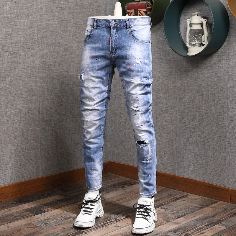 

Summer Thin Mens Dots Printed Blue Stretch Ripped Jeans Men Fashion Slim Fit Pencil Pants Cowboy Casual Denim Trousers