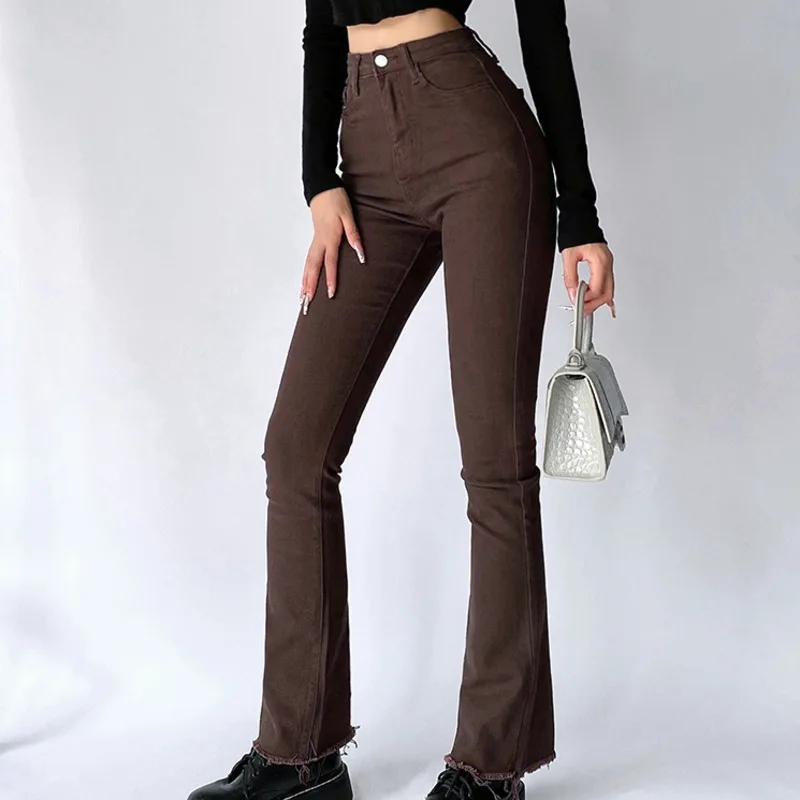 

Kywommnz Denim Pants, Women High Waist Thin, Streetwear Burrs Flare Pants, Slim Casual Pants, Spring Autumn 2021, E4074