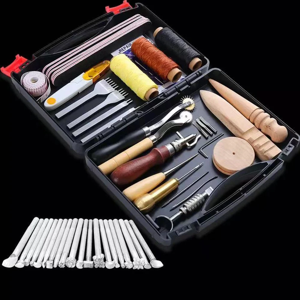 

50pcs Leather Working Tools Leather Tool Box Prong Punch Edge Beveler Wax Ropes Needles Perfect Leather Craft Making