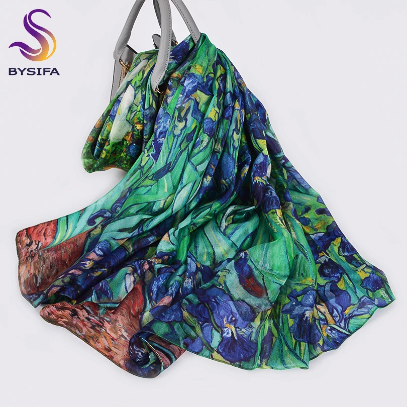 [BYSIFA] New Blue Green Silk Scarf Shawl Women Fashion Brand 100% Pure Silk Long Scarves Autum Winter Warm Neck Head Scarf Hijab