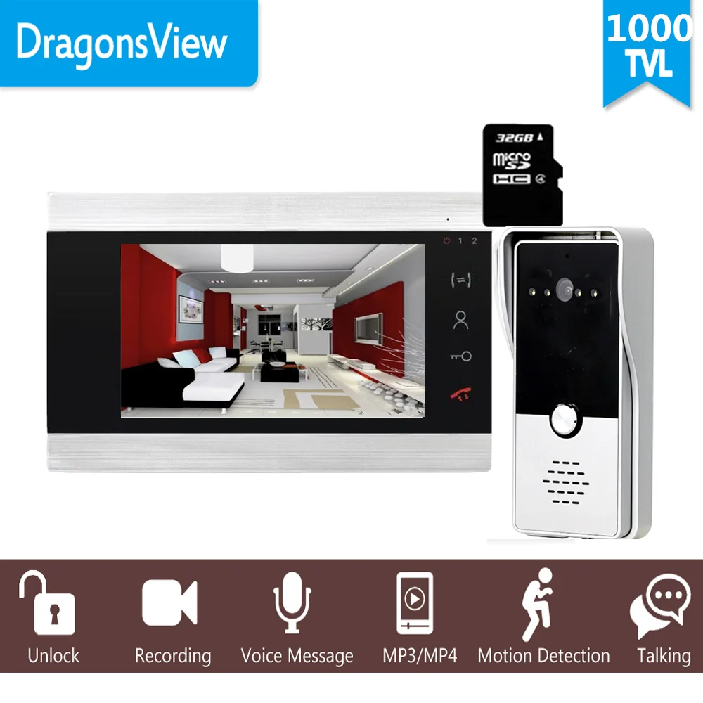 Dragonsview 7" Проводная видео-домофонная система Door Phone с записью на SD-карту 16 ГБ Металлический звонок 1200TVL Обнаружение движения на. - Фото №1