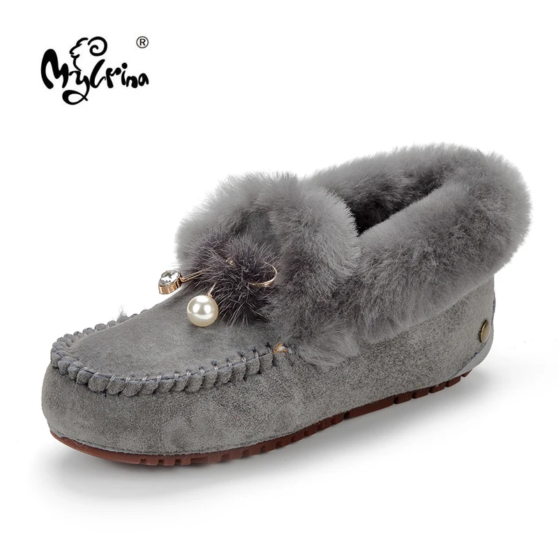 

100% Genuine Leather Natural Fur Wool Women Flat Shoes New Fashion Women Moccasins Casual Loafers Plus Size Winter shoes