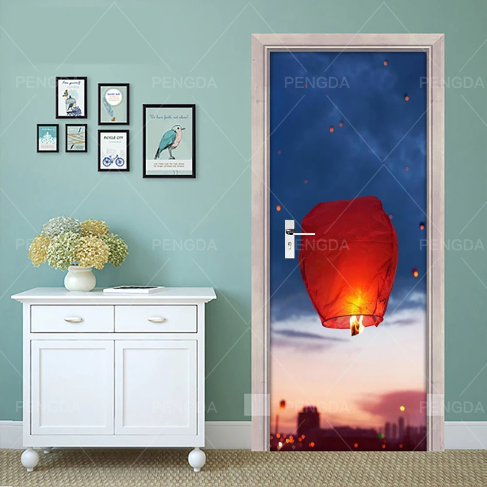 3D Print Artwork Sticker Picture Kongming Lantern Home Decor Paper Self Adhesive Decal Door Cabinet Waterproof Landscape Poster | Дом и сад