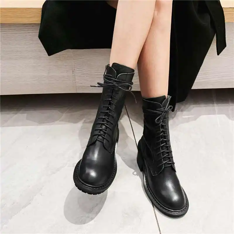 Beli Lenkisen Vintage Fashion Merek Sapi Kulit Bulat Toe Sepatu Hak Tinggi Renda Pakaian Sehari-hari Tetap Hangat Hitam ZIP MID -Betis Boots L99
