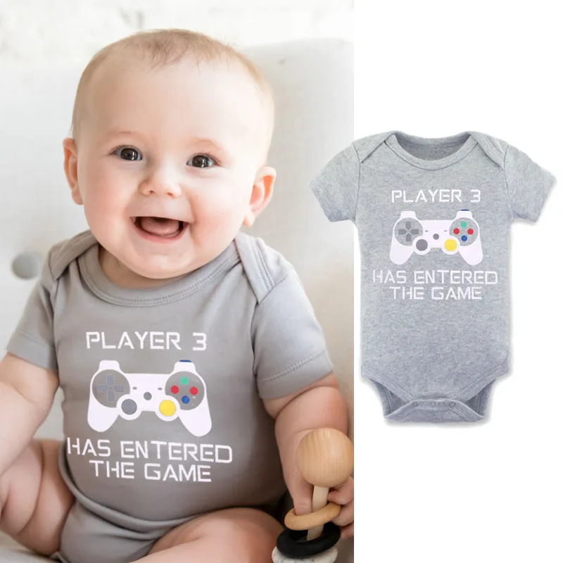 

0-24M Newborn Infant Baby Boy Girl Short Sleeve Player 3 Has Entered The Game Print Cotton Baby Bodysuit Jumpsuit Outfit Clothes