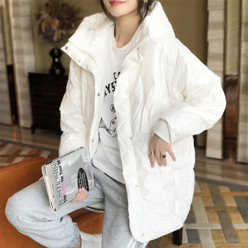 2022 Winter New Down Jacket Women Hooded Korean White Duck Down Coat Loose Casual Big Pocket Outwear Slim Warm Overcoat Female
