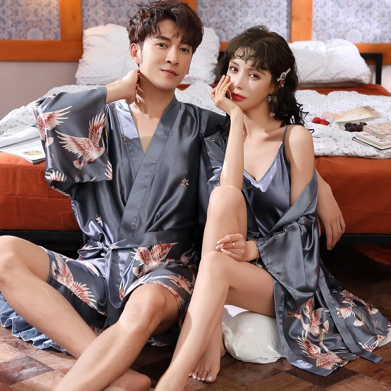 

Spring Nightgown Silk Couple Bathrobe Silk Pajamas Women's Japanese-Style Summer Long-Sleeve Ice Silk Strap Night Dress Homewear