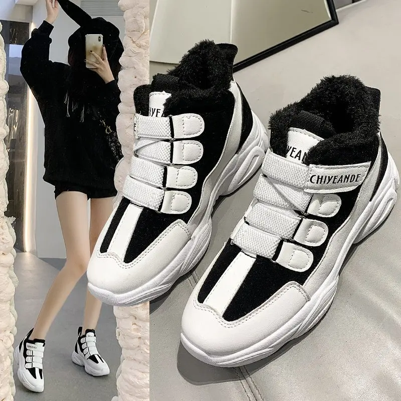 

2020 Winter New Women's Boots Plus Velvet Mid-cut Non-slip Walking Shoes Outdoor Trend Women Causal Sneakers All-match